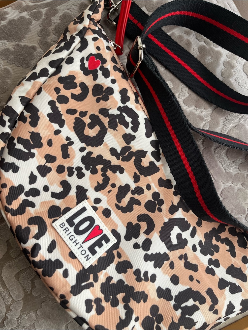 Brighton Leopard-Print Crossbody Bag in Tan, Black & Red Accents